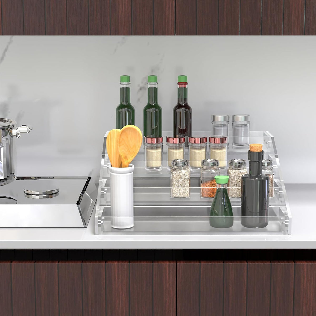 PMMASTO Widen Tiered Spice Rack, Seasoning Organizer, Clear Acrylic Vertical Shelves Can Organizer