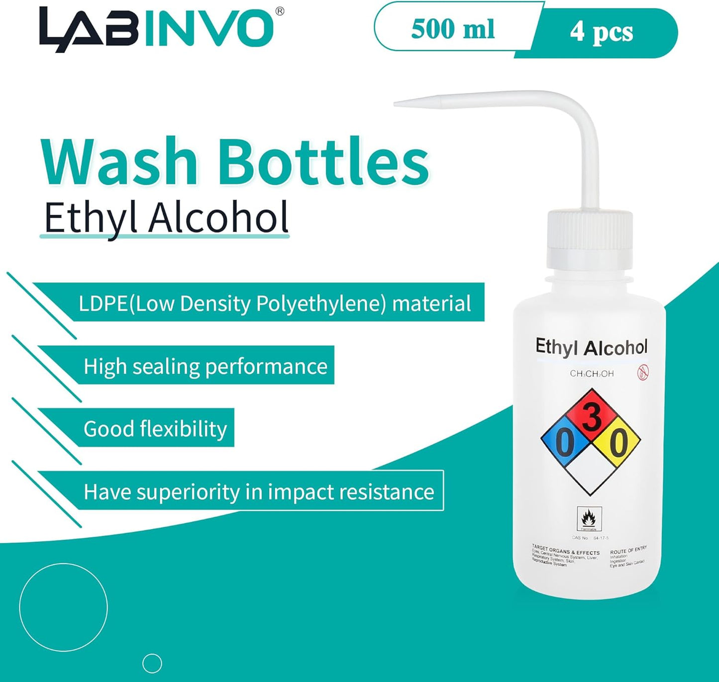 4PCS of Ethyl Alcohol Wash Bottles, Vol.500ml (17oz), Narrow Mouth, Self-Venting Safety Wash