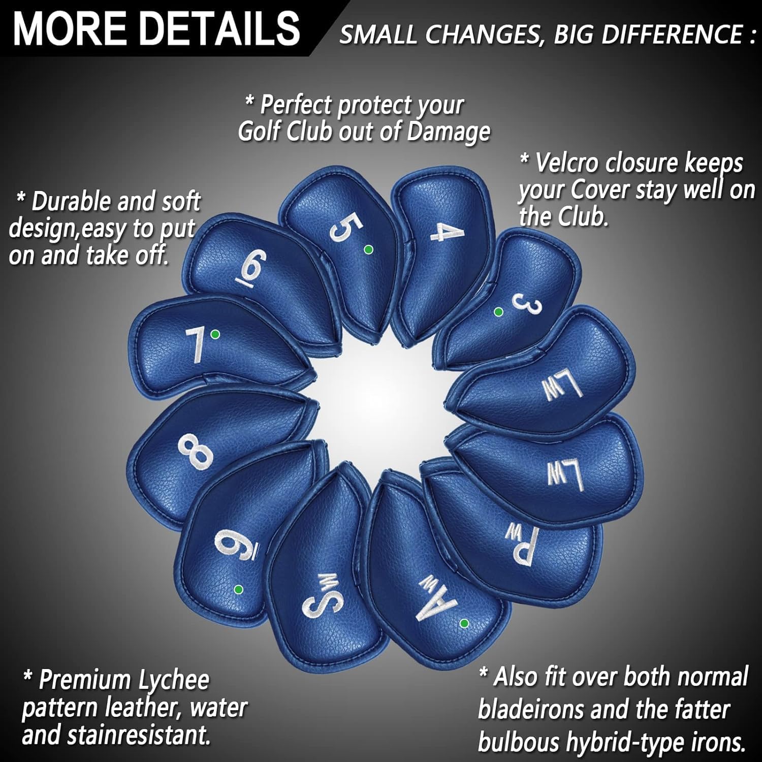 FINGER TEN Premium Synthetic Leather Stylish Iron & Wedge Golf Head Covers Value 12 Piece Set