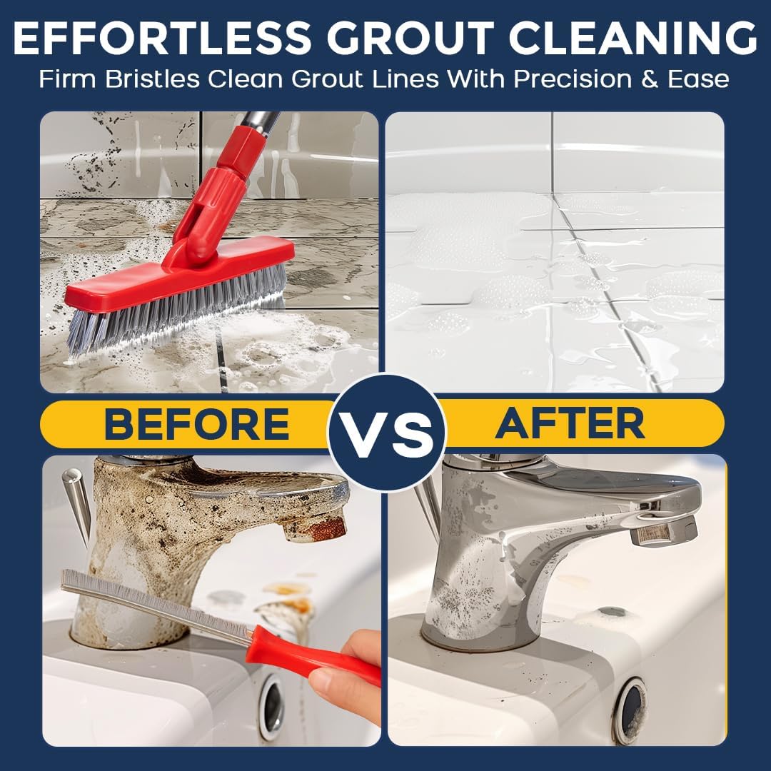 Grout Brush with Long Handle & Hard Bristle Crevice Cleaning Brush, Grout Cleaner for Tile Floors