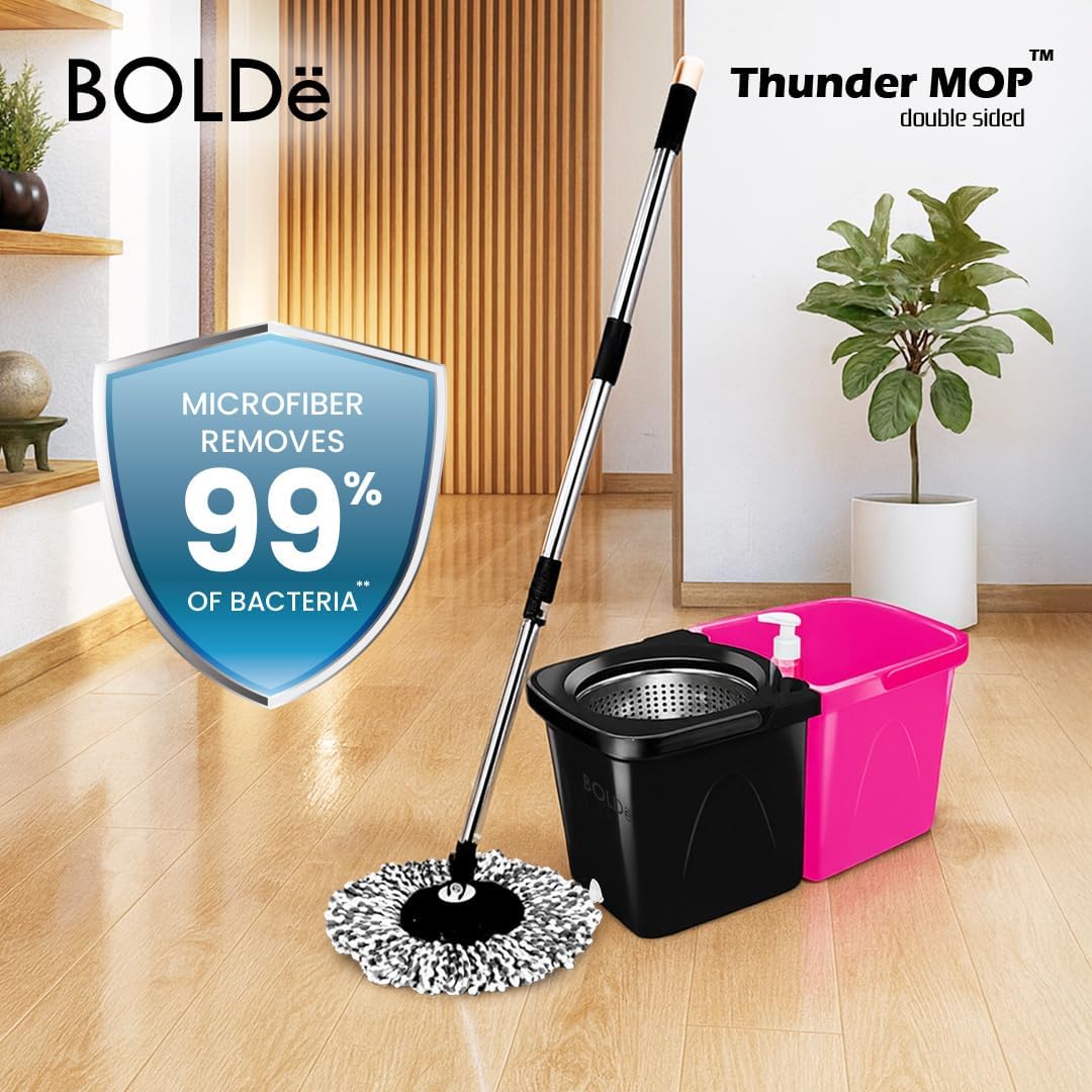 Thunder Mop Spin System - 2 Compact Stackable 6L Buckets, Microfiber Head, Stainless Steel Wringer