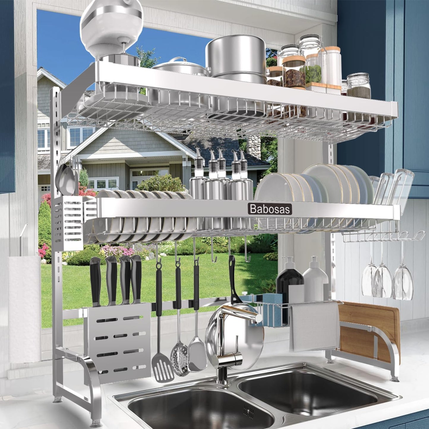 Over The Sink Dish Drying Rack,3 Tier Adjustable Length (25.5'' to 37.4'') Full Stainless Steel