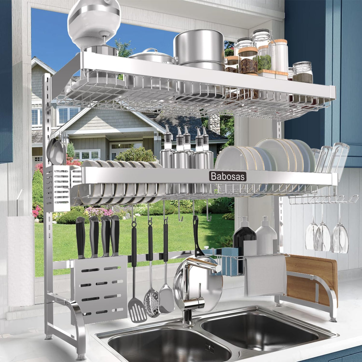 Over The Sink Dish Drying Rack,3 Tier Adjustable Length (25.5'' to 37.4'') Full Stainless Steel