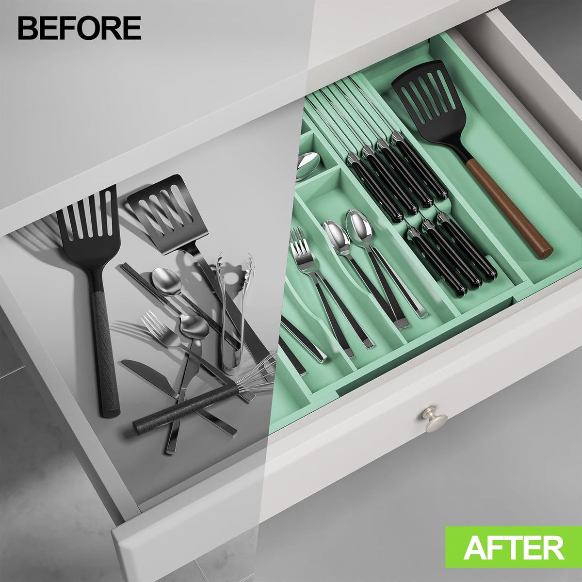 Bamboo Kitchen Drawer Organizer, Expandable Utensil Organizer with Removable Knife Block, Cutlery
