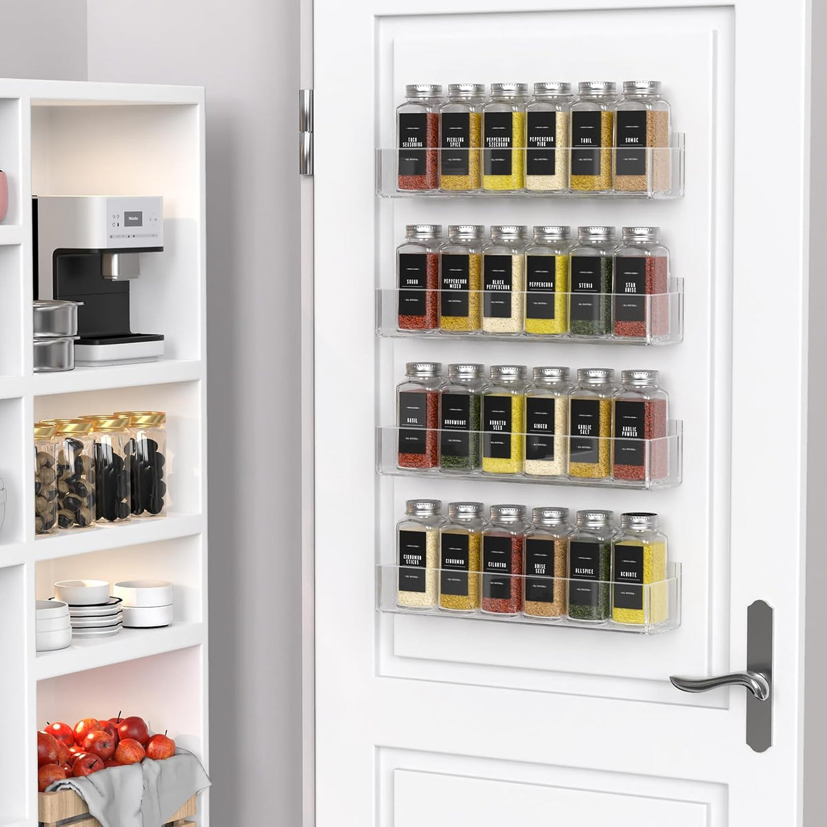 PMMASTO Adhesive Acrylic Spice Rack Organizer with 12 Empty Square Spice Jars, 238 Spice Labels
