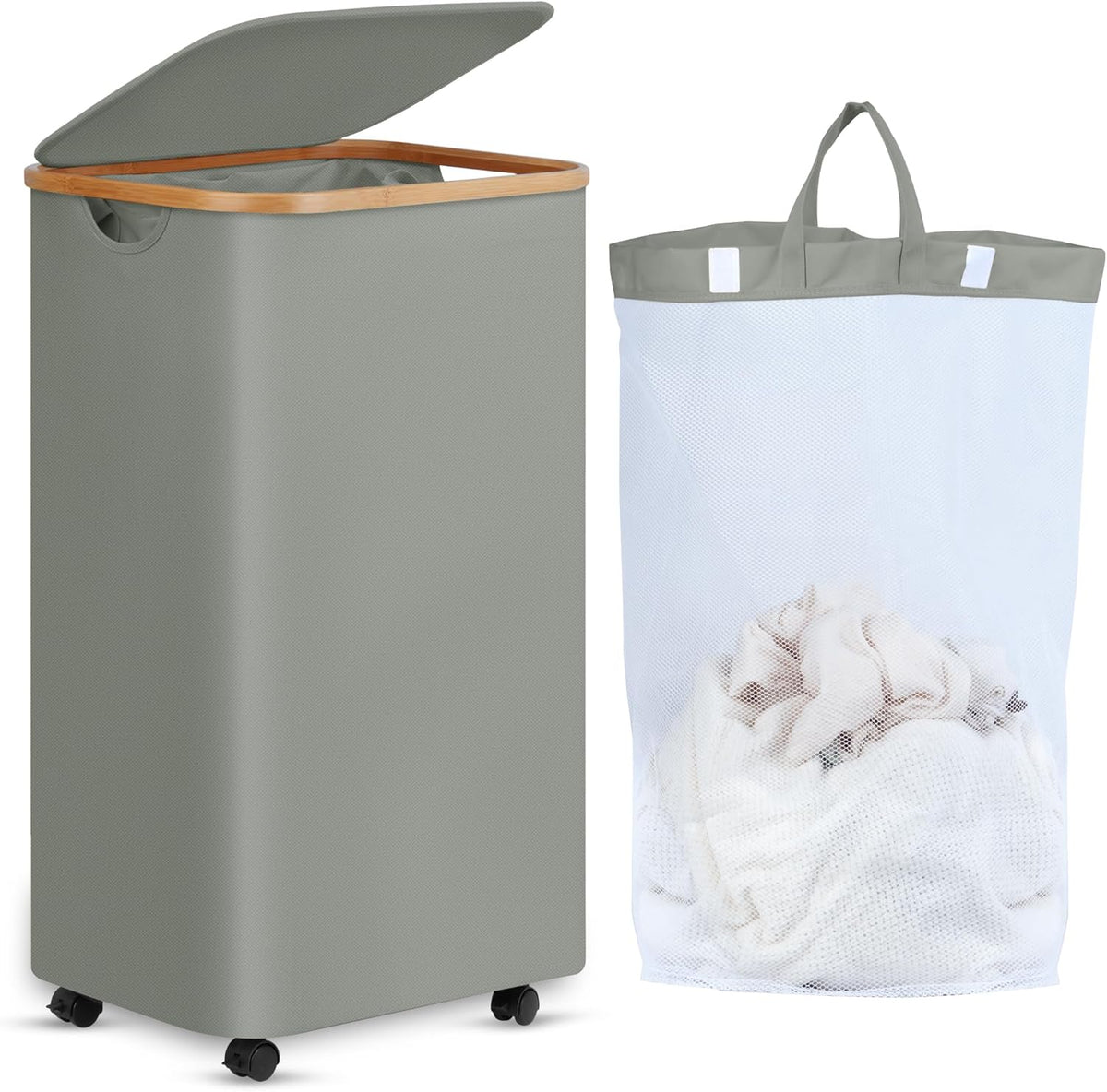 efluky Laundry Basket with Wheels, Tall Rolling Laundry Hamper with Lid and Removable Bag
