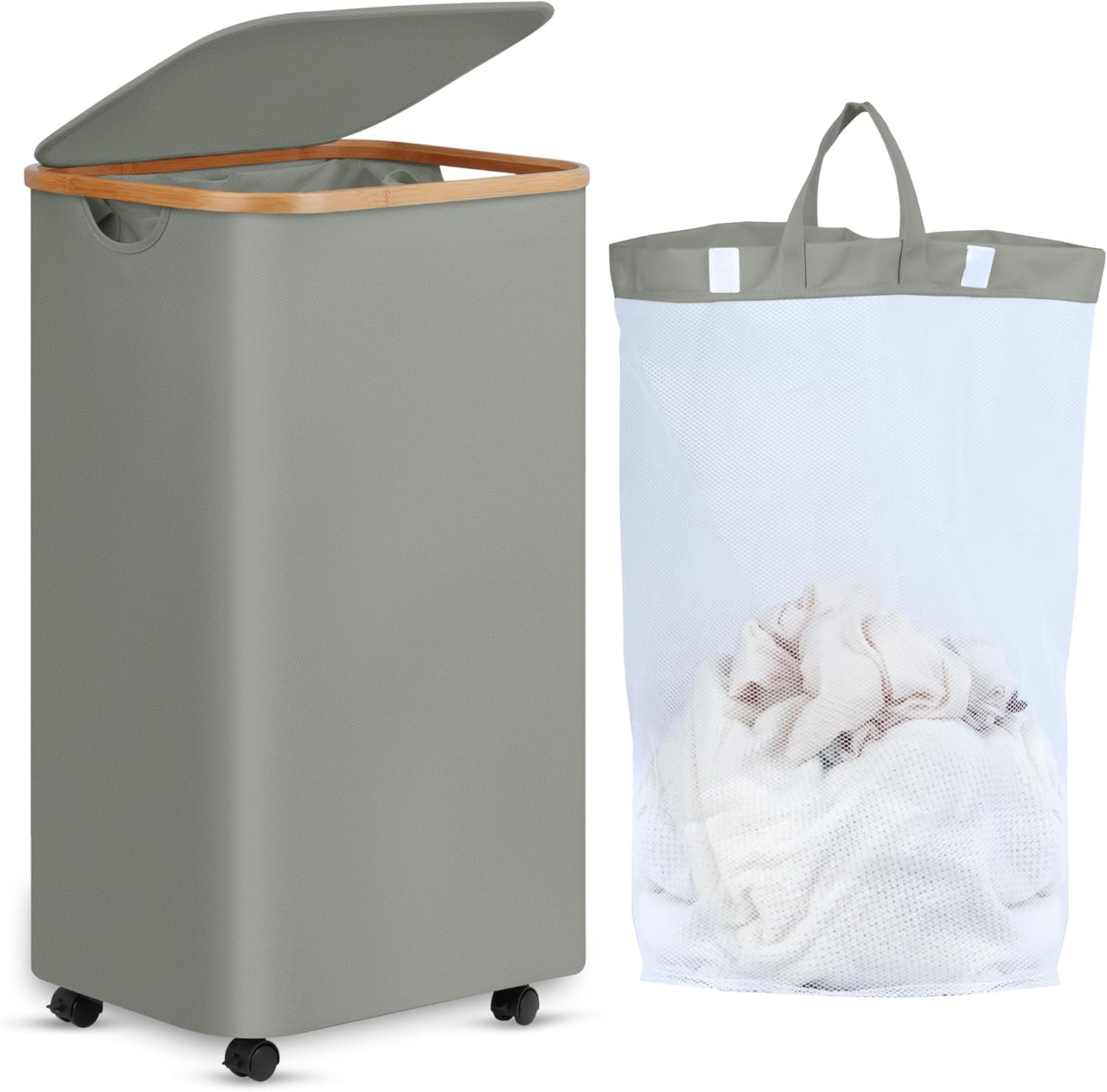 efluky Laundry Basket with Wheels, Tall Rolling Laundry Hamper with Lid and Removable Bag