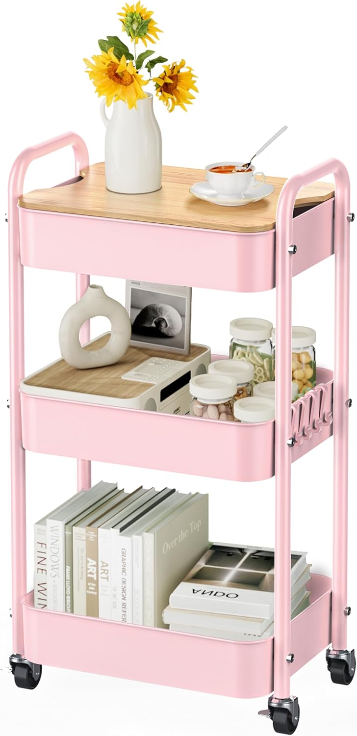 3 Tier Rolling Cart with Table top, Metal Rolling Utility Cart, Sturdy Storage Organizer Cart with