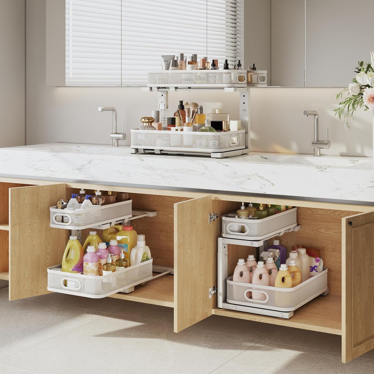 2 Pack Under Sink Organizer With Smooth Cylindrical Rail,2-Tier Pull Out Multi-Purpose Cabinet