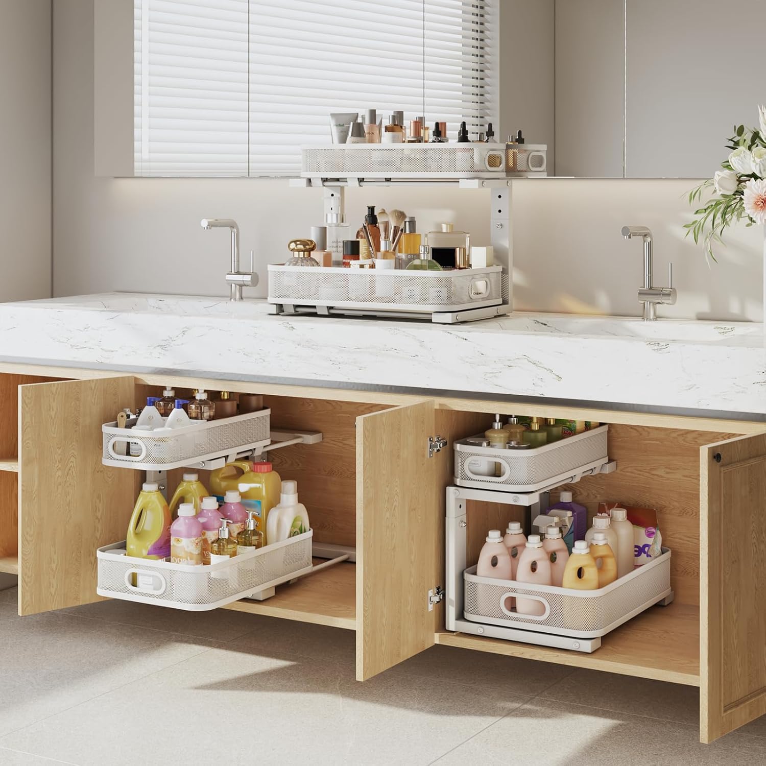 2 Pack Under Sink Organizer With Smooth Cylindrical Rail,2-Tier Pull Out Multi-Purpose Cabinet