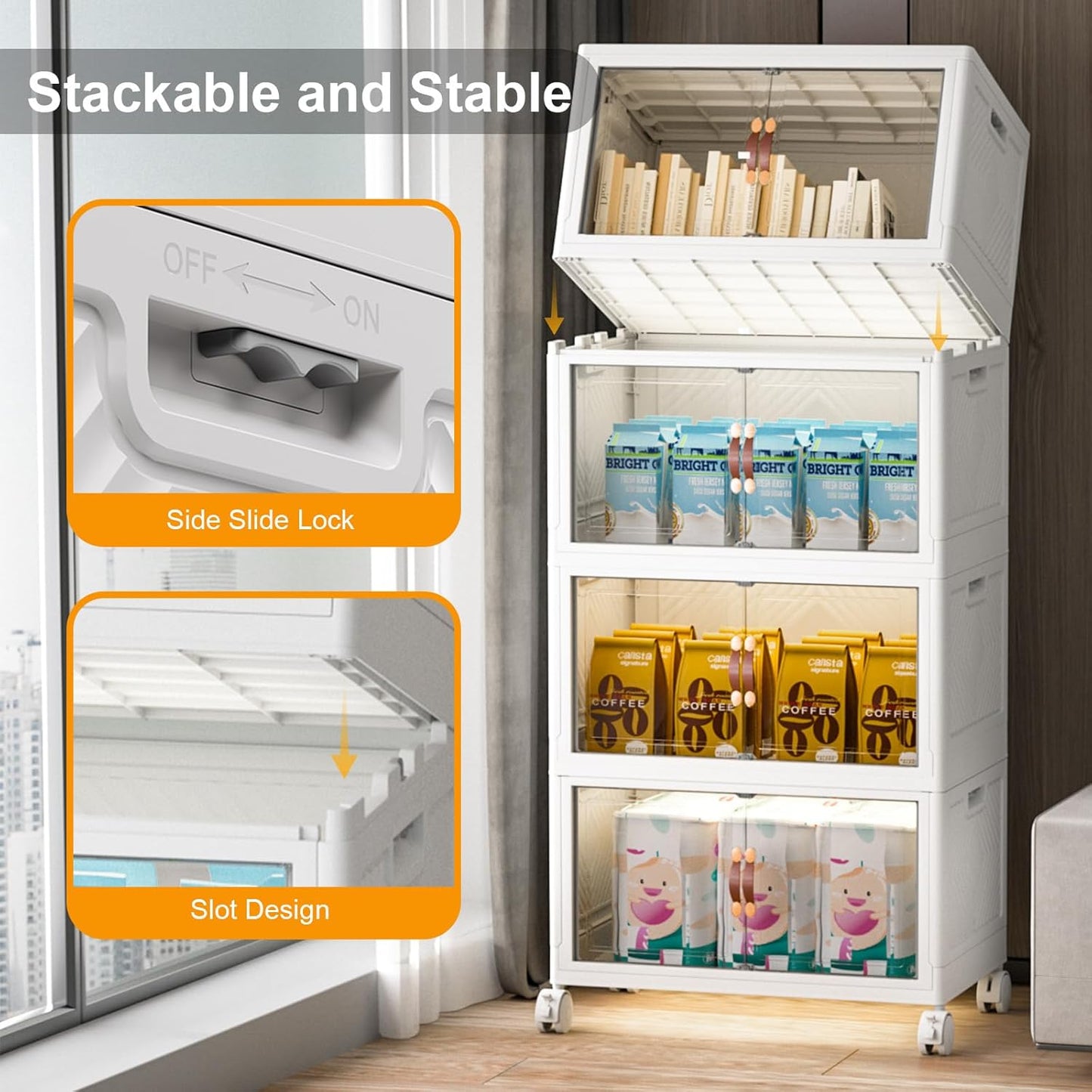 Extra Large Stackable Storage Bins with Lids & Wheels & Door, 896QT-112QT/28GAL*8Pack Foldable