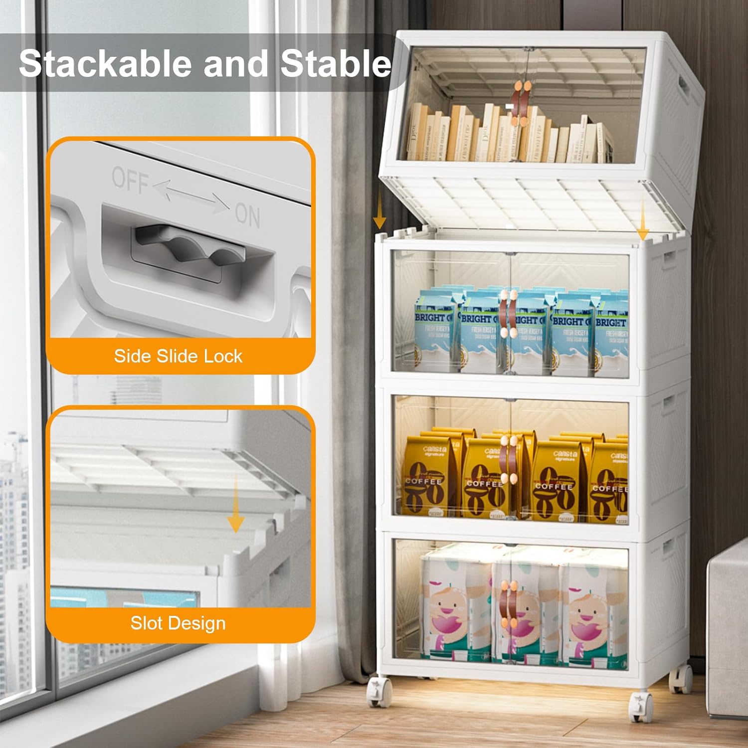 Extra Large Stackable Storage Bins with Lids & Wheels & Door, 896QT-112QT/28GAL*8Pack Foldable