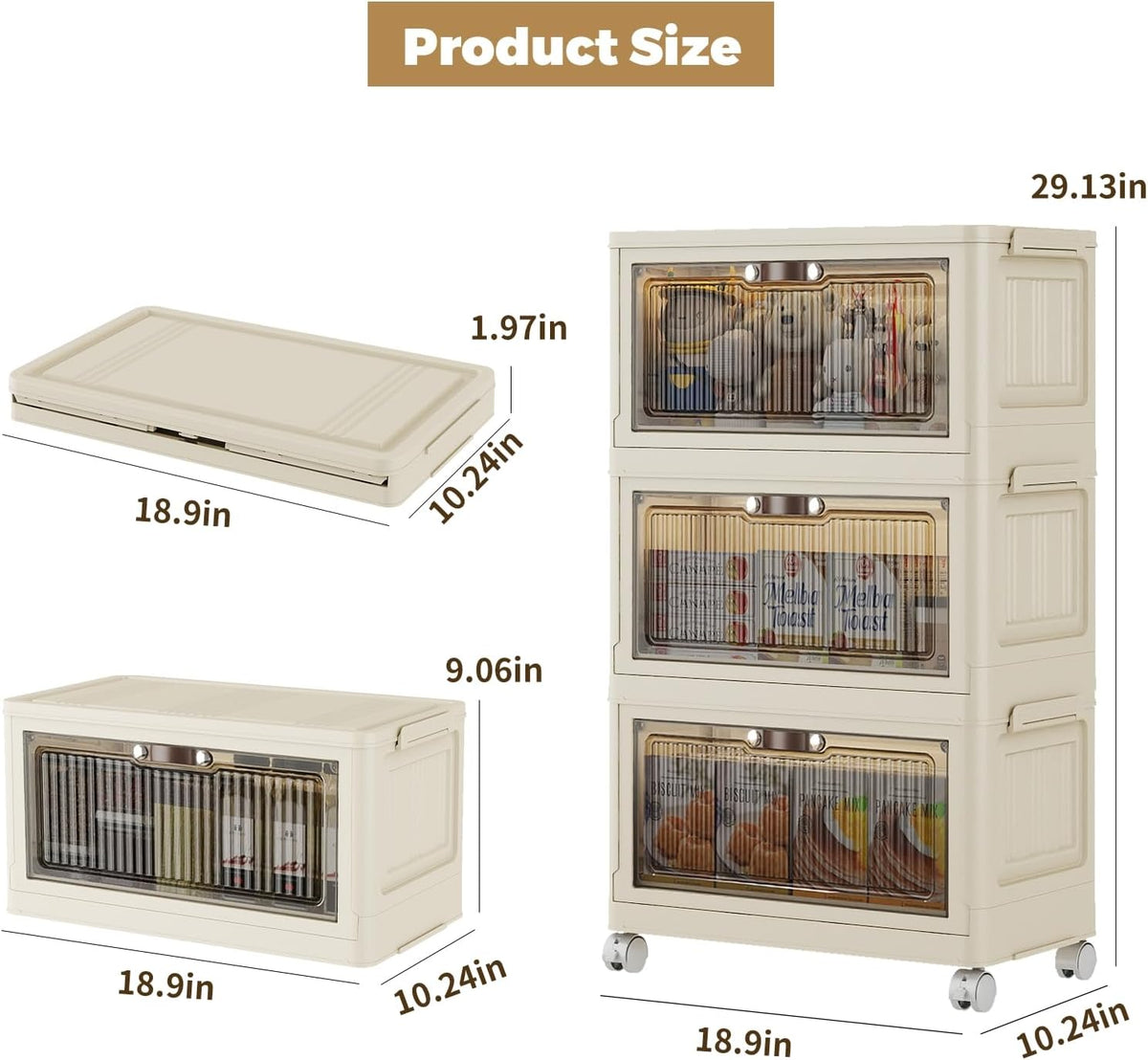 3 Tier - 34QT Storage Bins with Lids, Collapsible Storage Bins with Doors and Wheels, Plastic