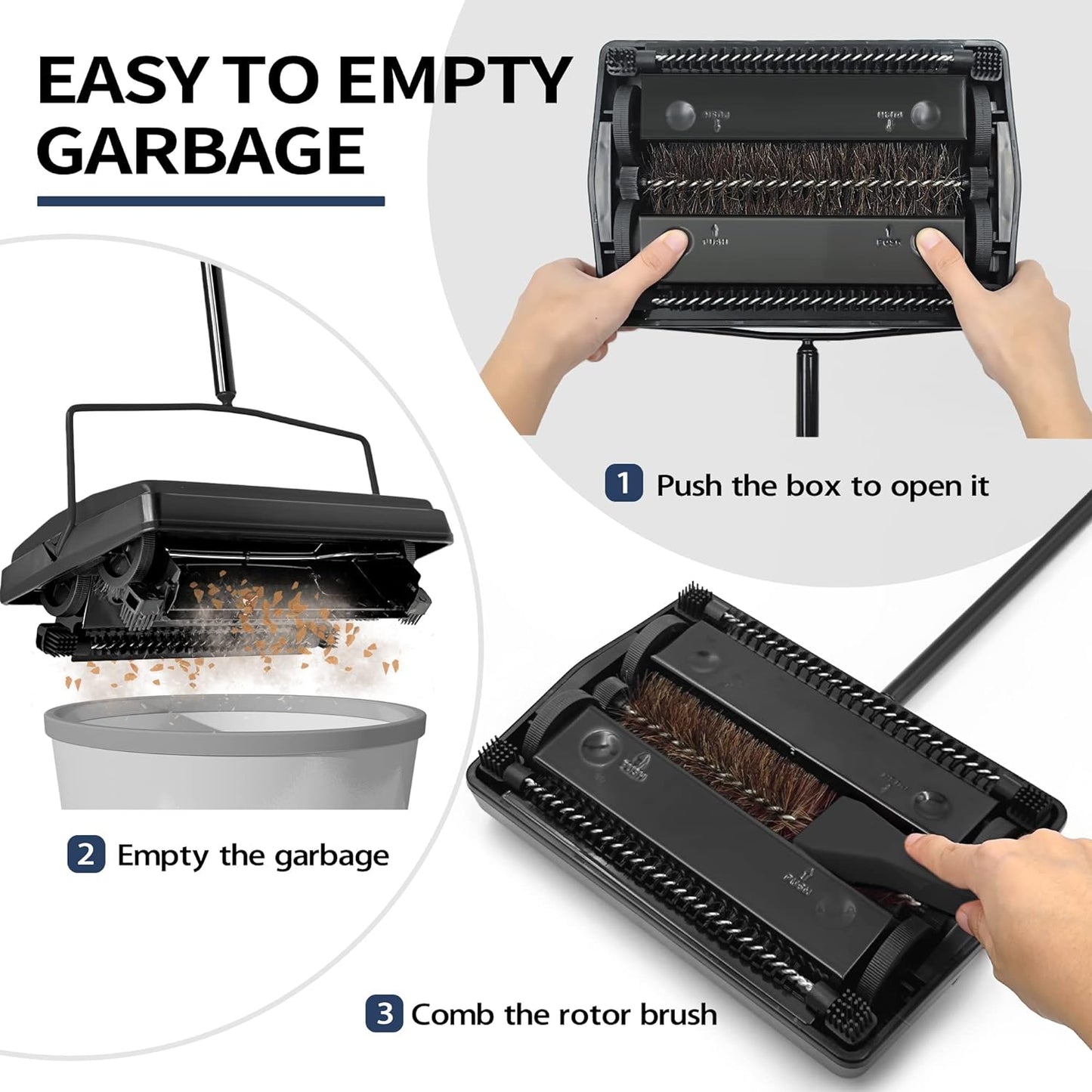 JEHONN Carpet Floor Sweeper Manual with Horsehair, Non Electric Quite Rug Roller Brush Push for