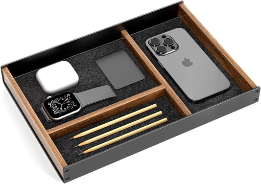 UPERGO Desk Drawer Organizer Tray, Mens Valet Made of Aluminum and Walnut, Aesthetic Desk