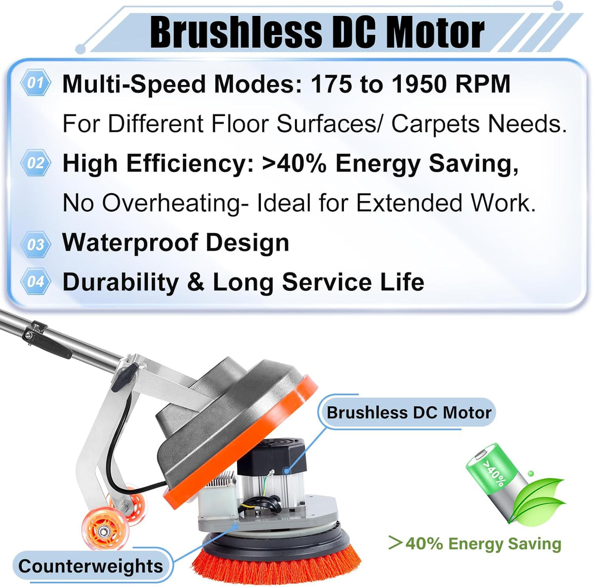 Commercial Floor Scrubber Machine, 13" Heavy Duty Orbital Floor Cleaner Buffer and Polisher- Deep
