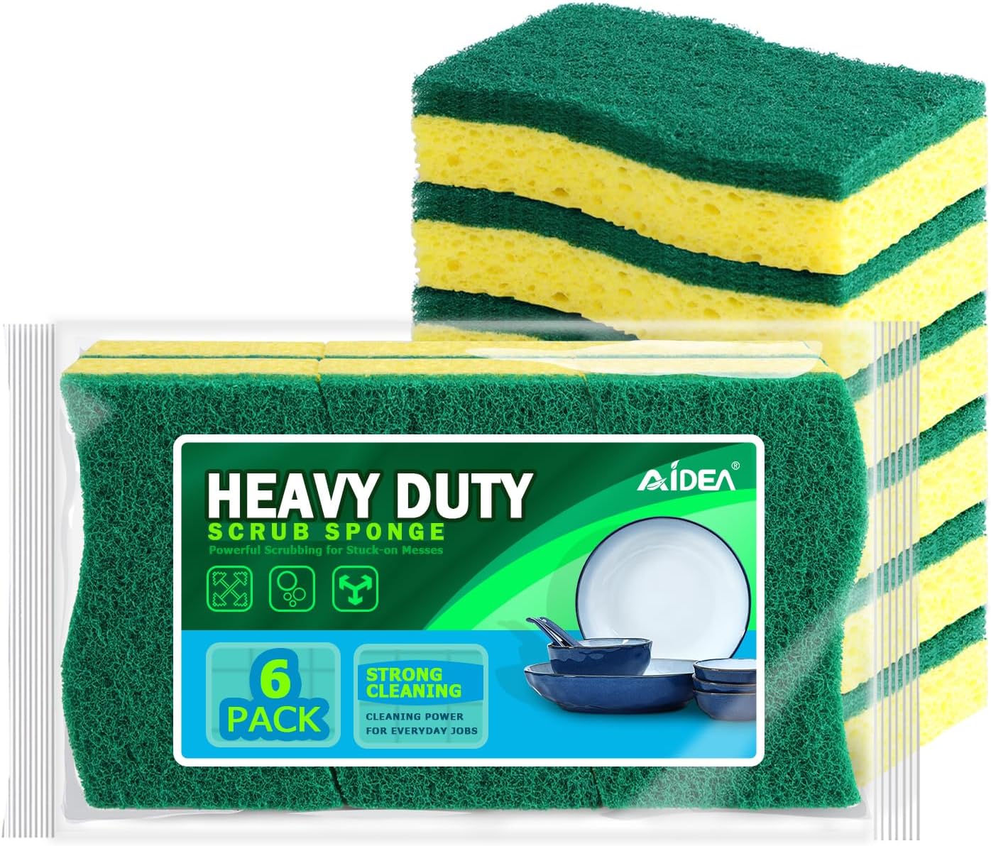 AIDEA Sponges Kitchen, Heavy Duty Scrub Sponge, 6Count, Sponges for Dishes, Cellulose Kitchen