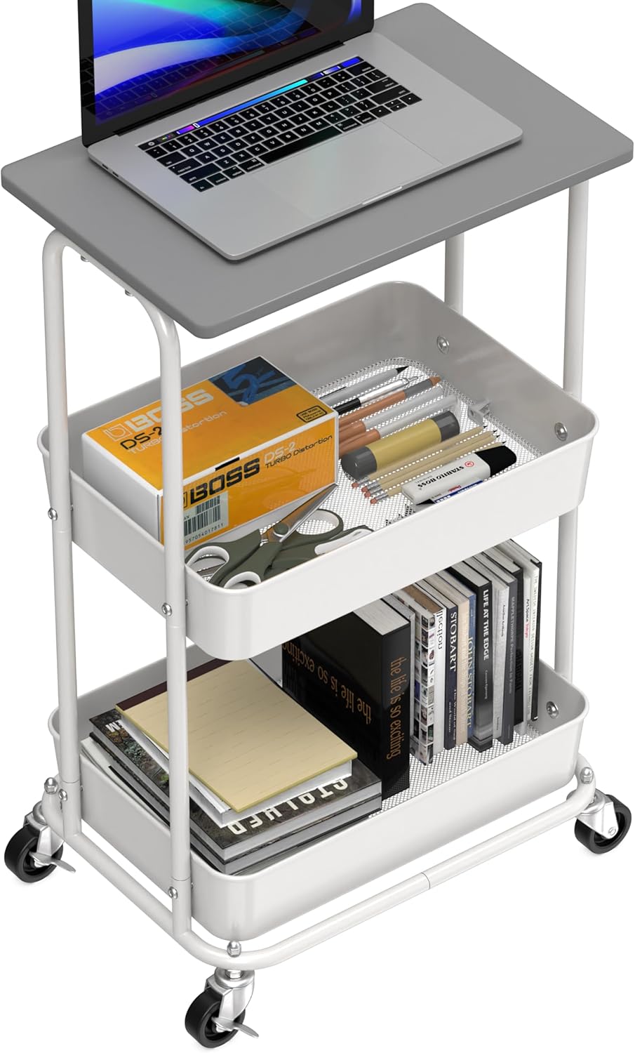 Simple Houseware 2-Tier Rolling Utility Cart with Lockable Wheels and Wood Top, Metal Storage
