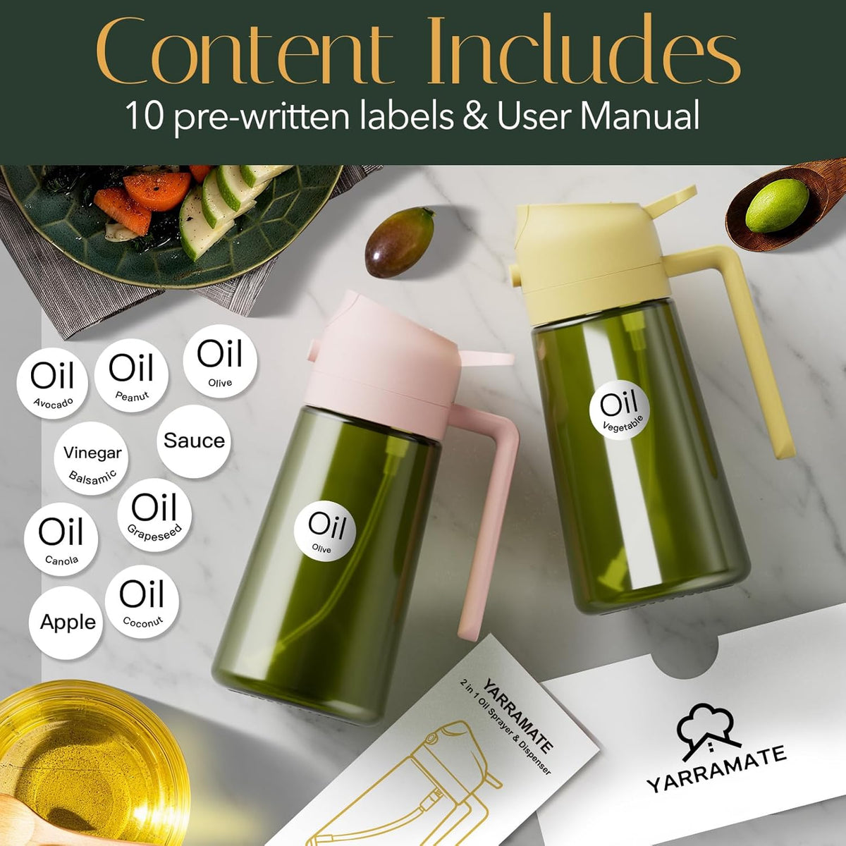 YARRAMATE 16oz/470ml Light-Blocking Dark Oil Sprayer for Cooking, 2 in 1 Olive Oil Dispenser Bottle