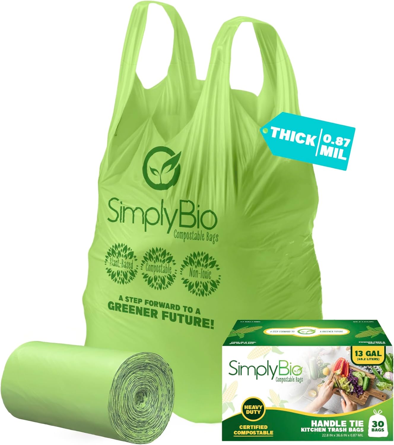 Simply Bio 13 Gallon Compostable Trash Bags Liners with Handle-Tie, Thick 0.87 Mil, 49.21 Liter, 30