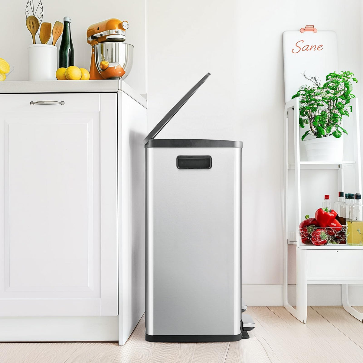 DUMOS Kitchen Trash Can, 2x8-Gallon Dual Trash Can with Lid, Stainless Steel Garbage Bin with 2