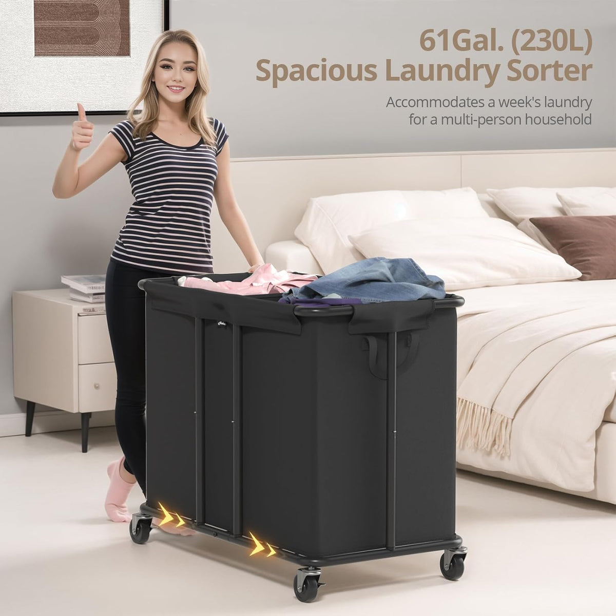 Laundry Hamper with Wheels, 2-Section 230L (61Gal) Large Capacity, Heavy-Duty Rolling Clothes
