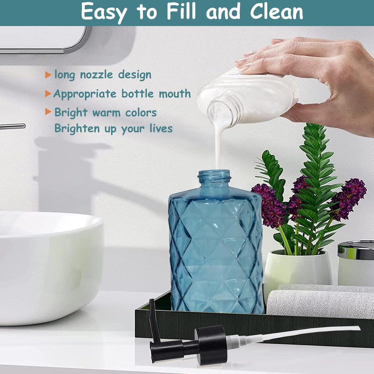 Blue Glass Soap Dispenser with Black Plastic Pump, 12oz Refillable Liquid Hand Soap Dispenser