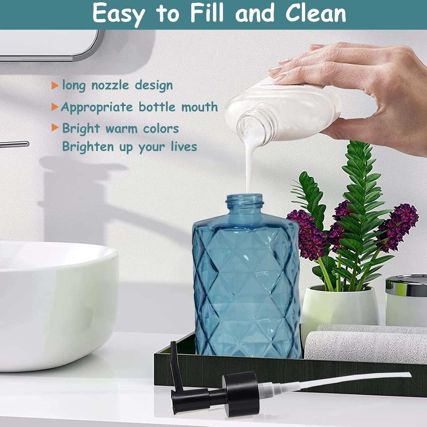Blue Glass Soap Dispenser with Black Plastic Pump, 12oz Refillable Liquid Hand Soap Dispenser