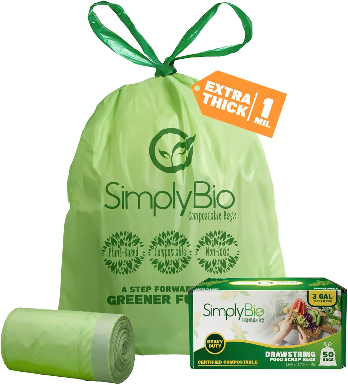 Simply Bio 3 Gallon Compostable Trash Bags Liners Drawstring, Heavy Duty Extra Thick 1 Mil, 11.36