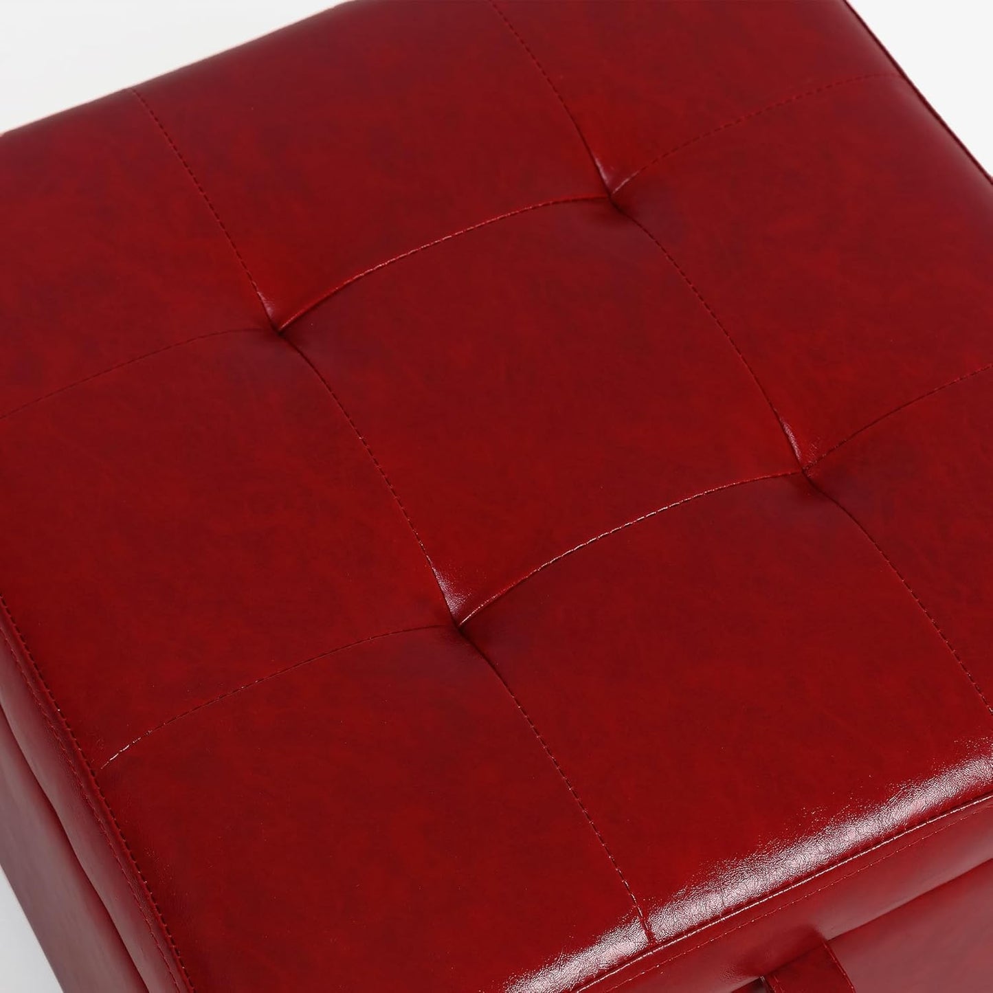 Adeco Faux Leather Storage Ottoman with Hinged Lid, 14 Inch High Red Square Cube Foot Stool with