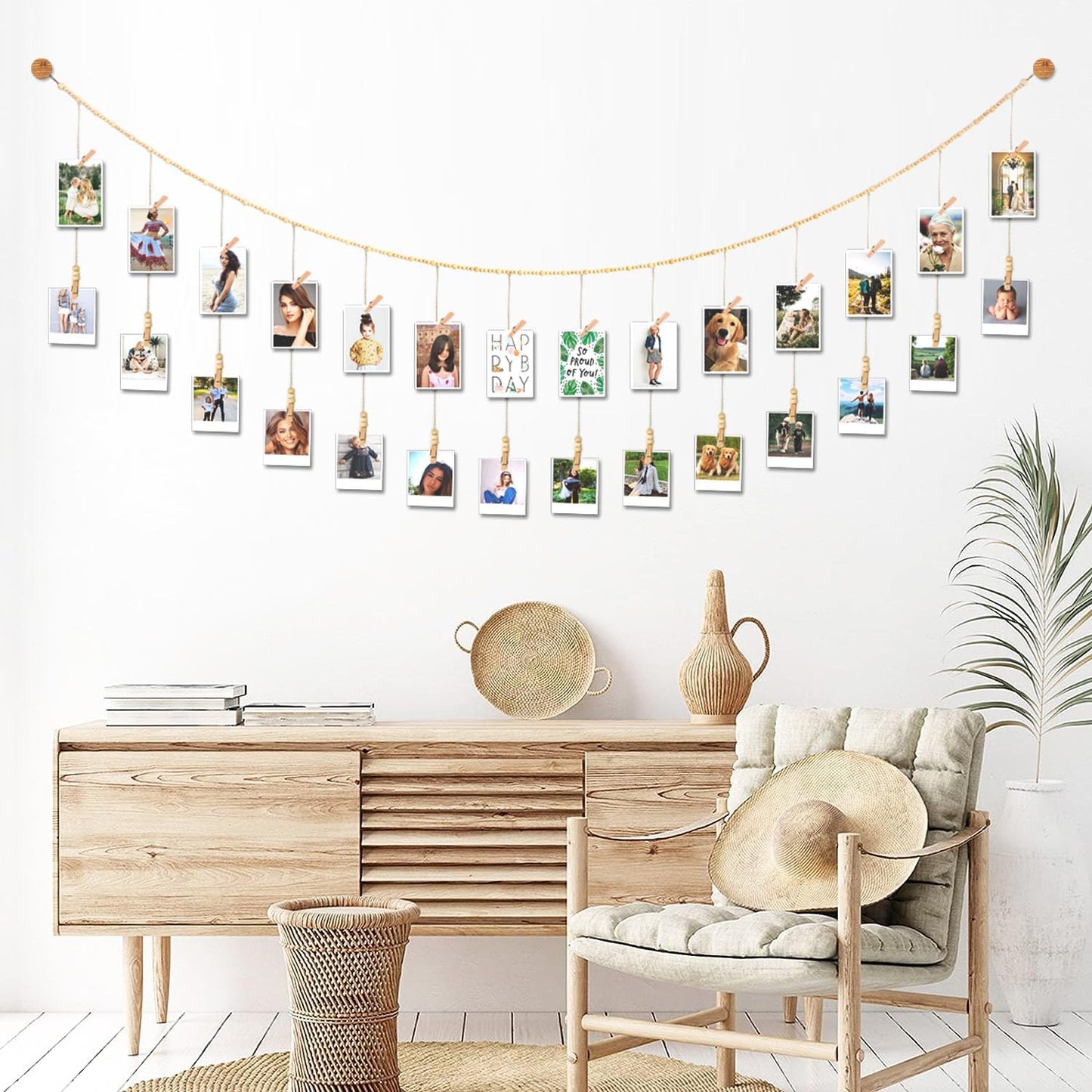 8 Feet Wooden Beads Garland with Clothespins Picture Cards Holder - Country Farmhouse Christmas