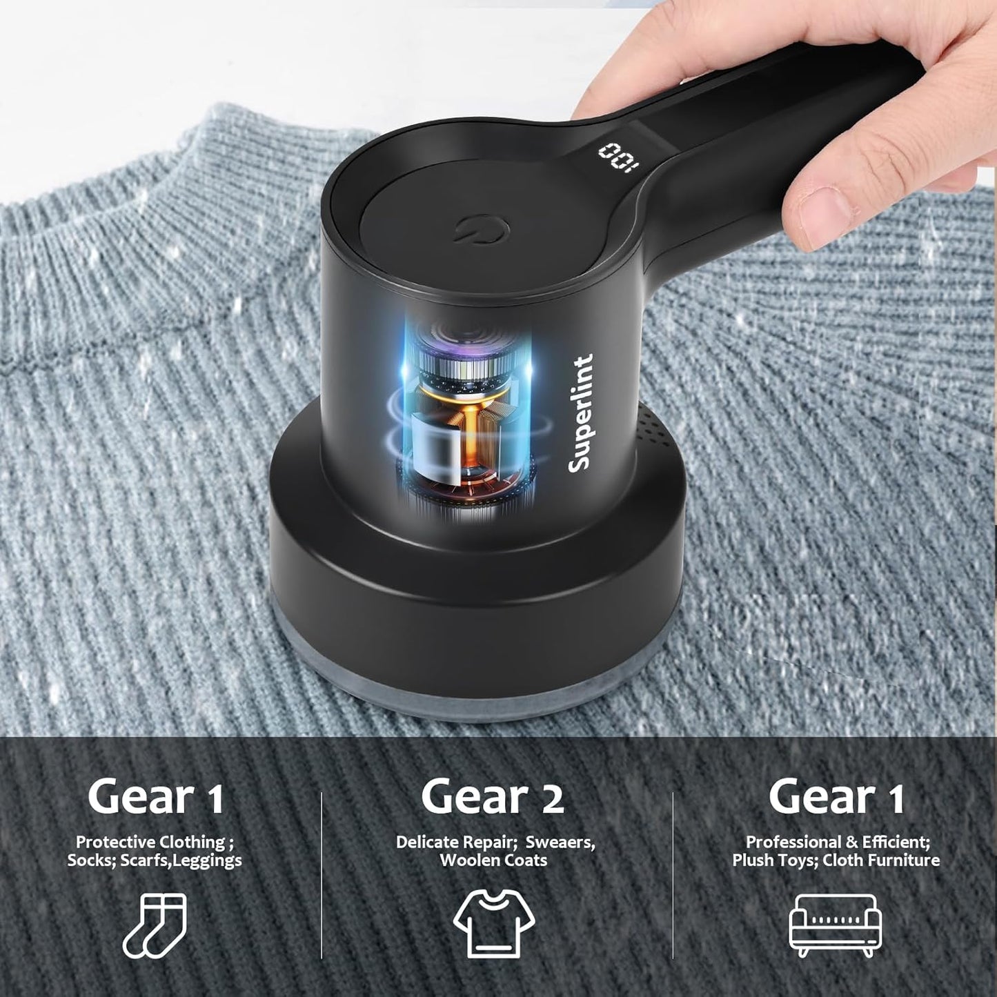 SUPER LINT Electric Fabric Shaver Electrostatic Brush, LED Display, 3-Speeds, Rechargeable Sweater