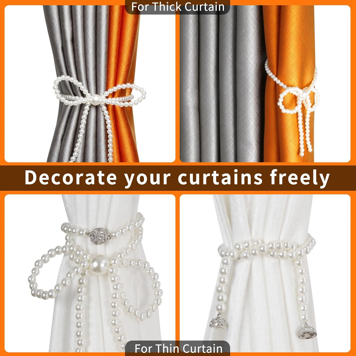 Magnetic Tiebacks for Curtains, 2 Pack Bow Pearl Curtain tiebacks Curtain Buckle Clips with
