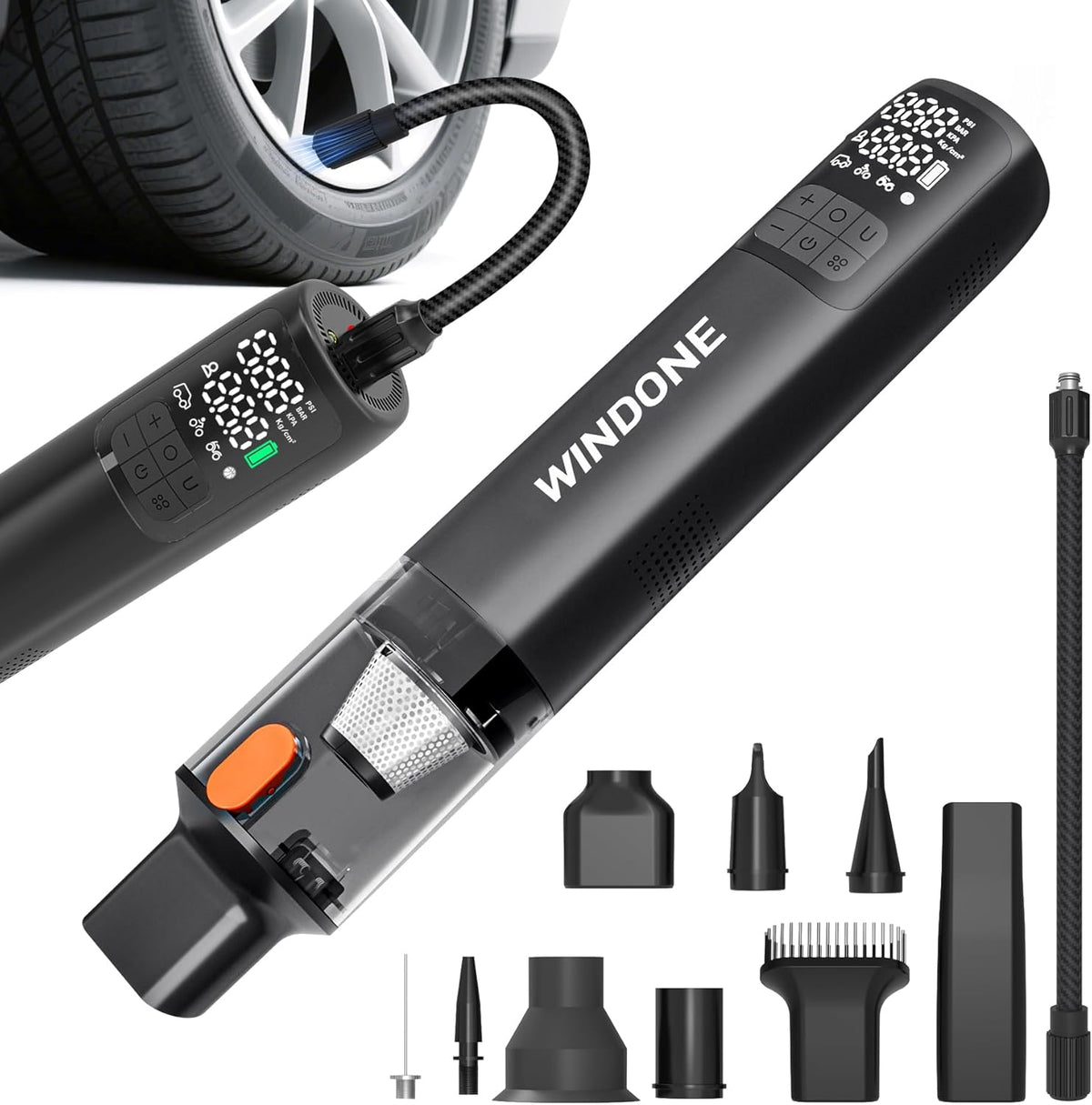 Windone Car Vacuum, 12000Pa 2-in-1 Cleaner & Tire Inflator 150PSI, 60W Brushless Motor, Cordless