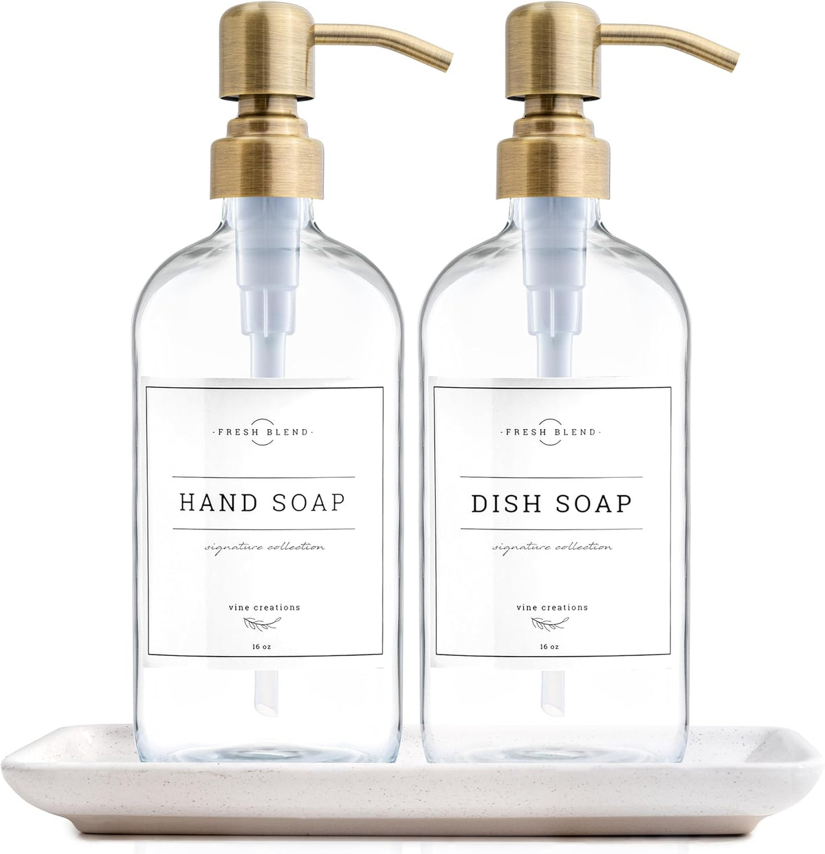 Vine Creations Glass Soap Dispenser, 2 Pack Kitchen Soap Dispenser Set with Ceramic Tray, Stainless