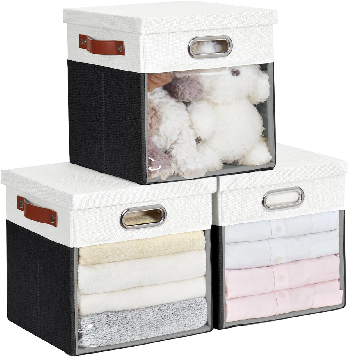 Fabric Storage Cubes with Clear Windows and Lids 11'' Foldable Storage Bins with 3 Handles