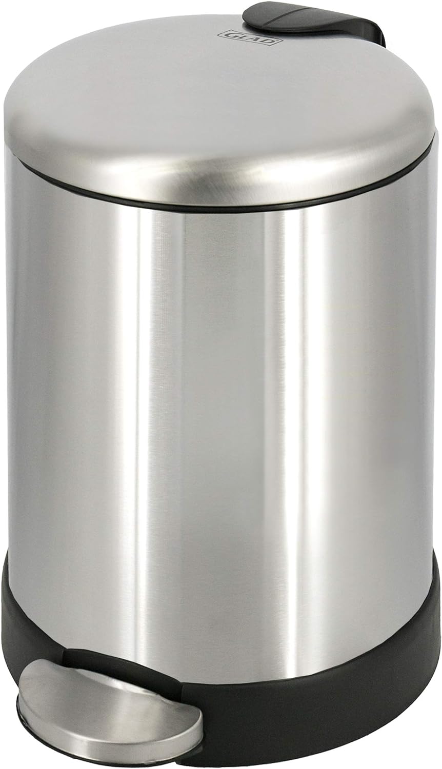 GLAD Small Trash Can, 1.2 Gallon | Round Stainless Steel Garbage Bin with Soft Close Lid & Step