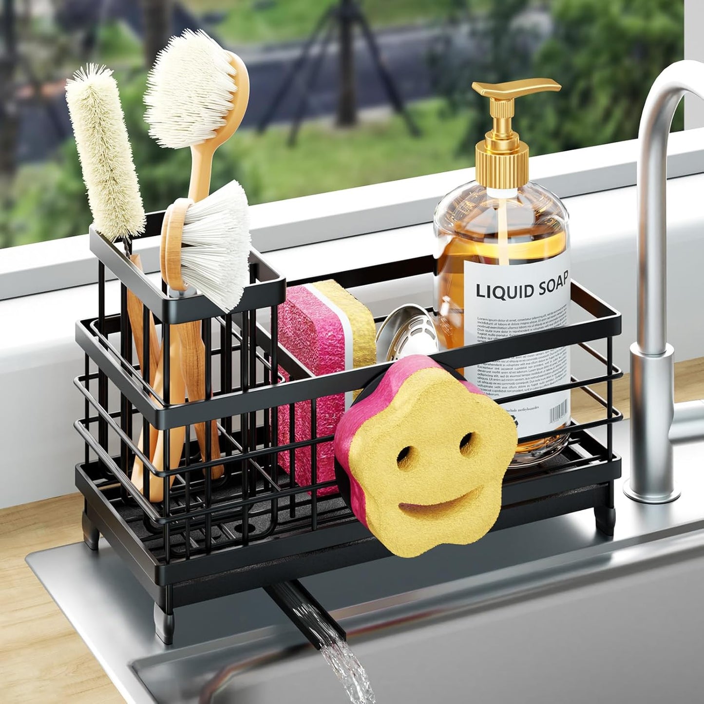 HapiRm Sponge Holder for Kitchen Sink - Self-draining Sink Caddy with Smiley Face and Brush Holder