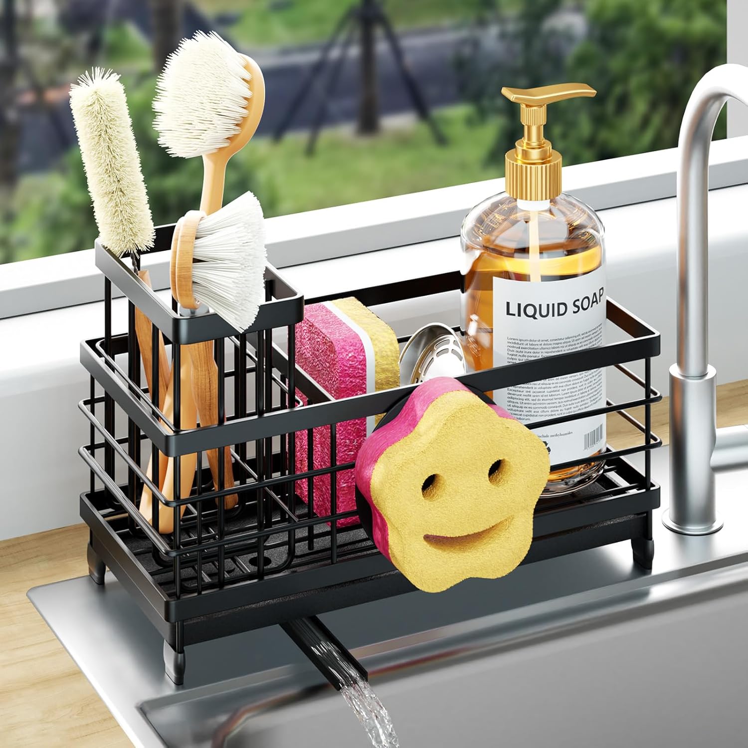 HapiRm Sponge Holder for Kitchen Sink - Self-draining Sink Caddy with Smiley Face and Brush Holder