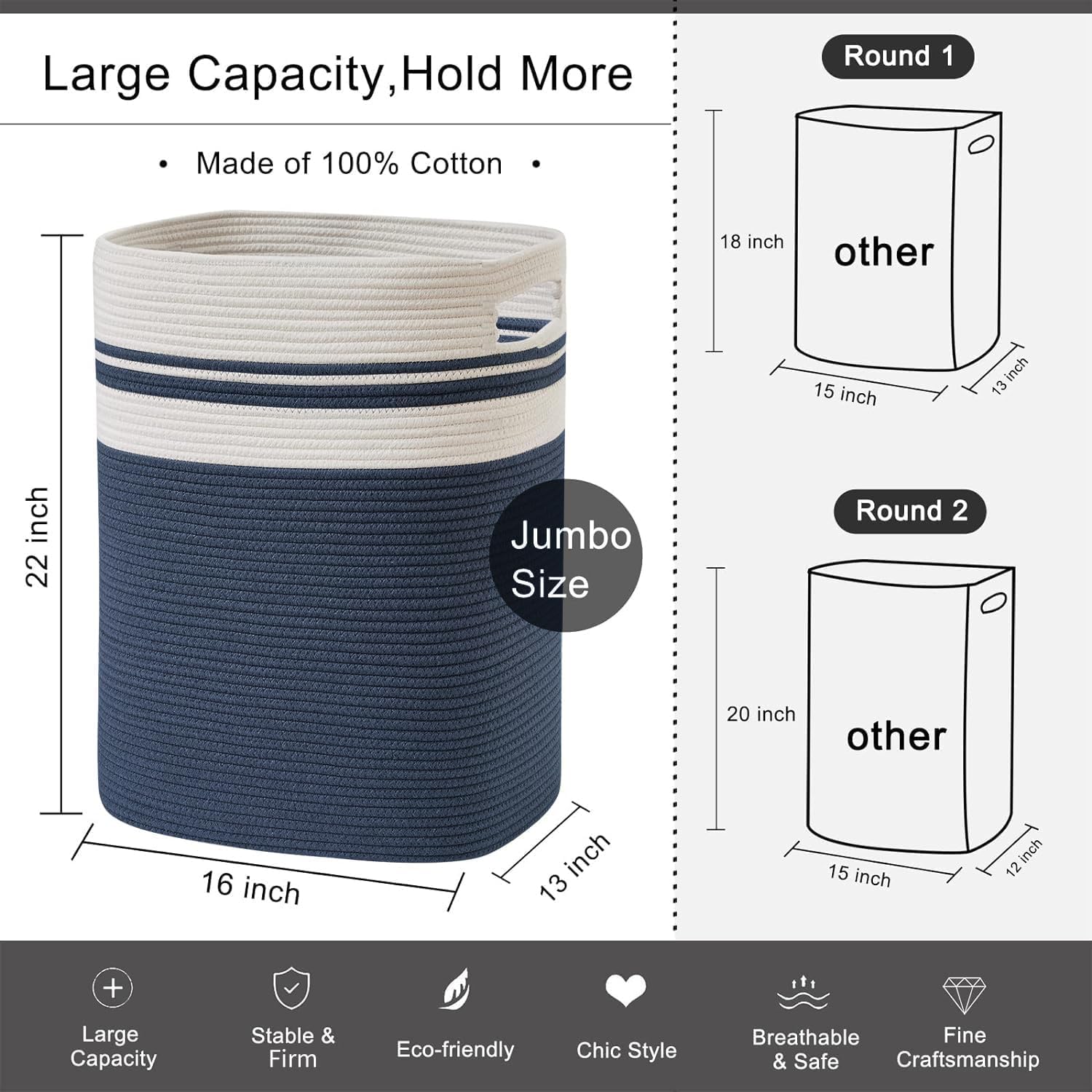 OIAHOMY Laundry Hamper-Laundry Basket,Tall Cotton Storage Basket with Handles,Decorative Blanket