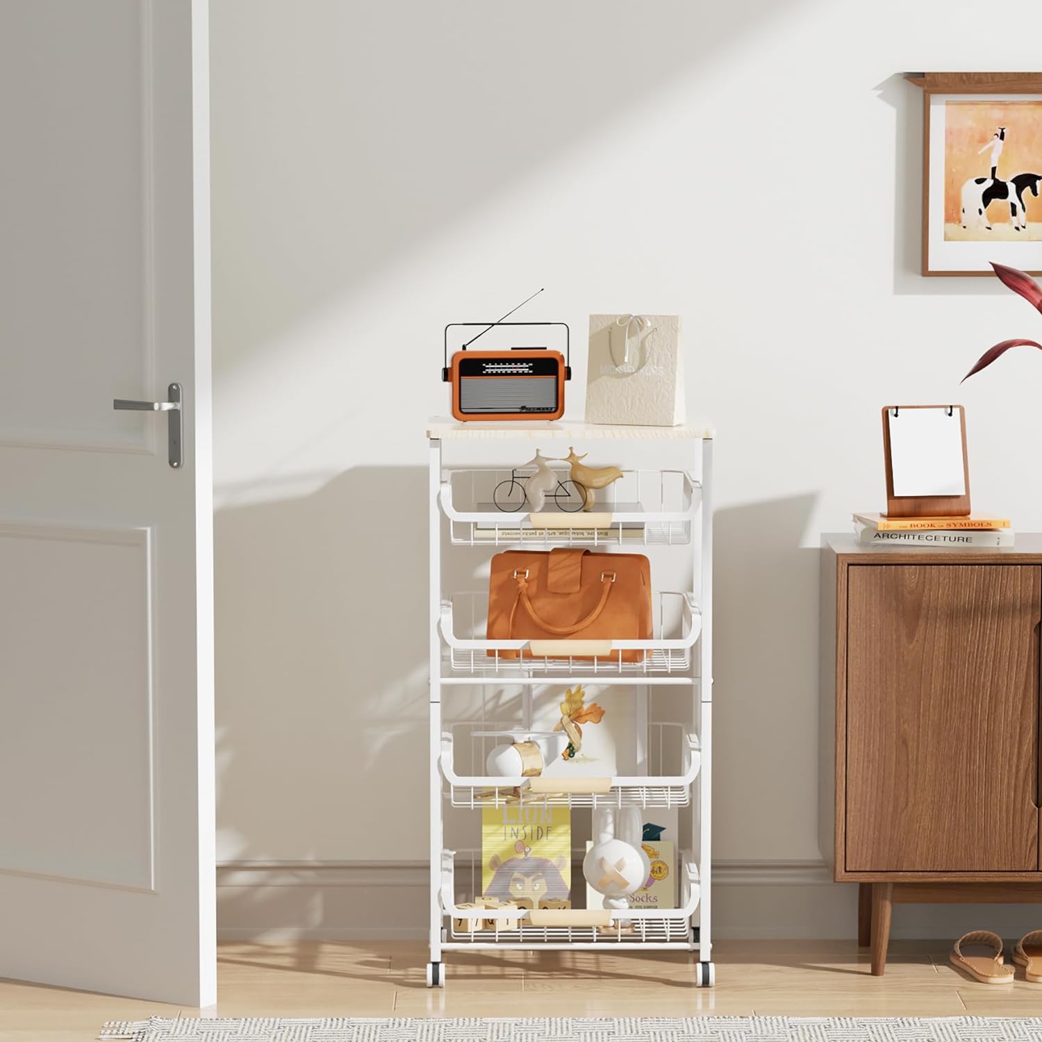 5-Layer Fruit Basket Kitchen Food Organizer and Rack, Stackable Storage Cart with Desktop, Pull-Out