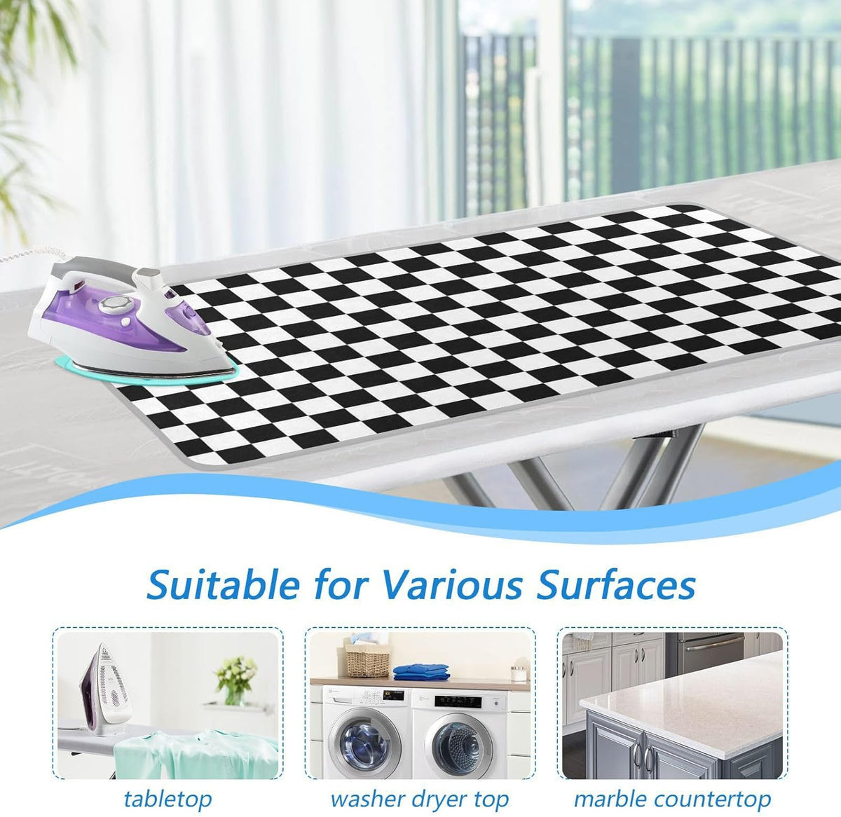 Black White Checkered Plaid Ironing Mat for Table top Portable Ironing Pad Blanket for Washer Dryer