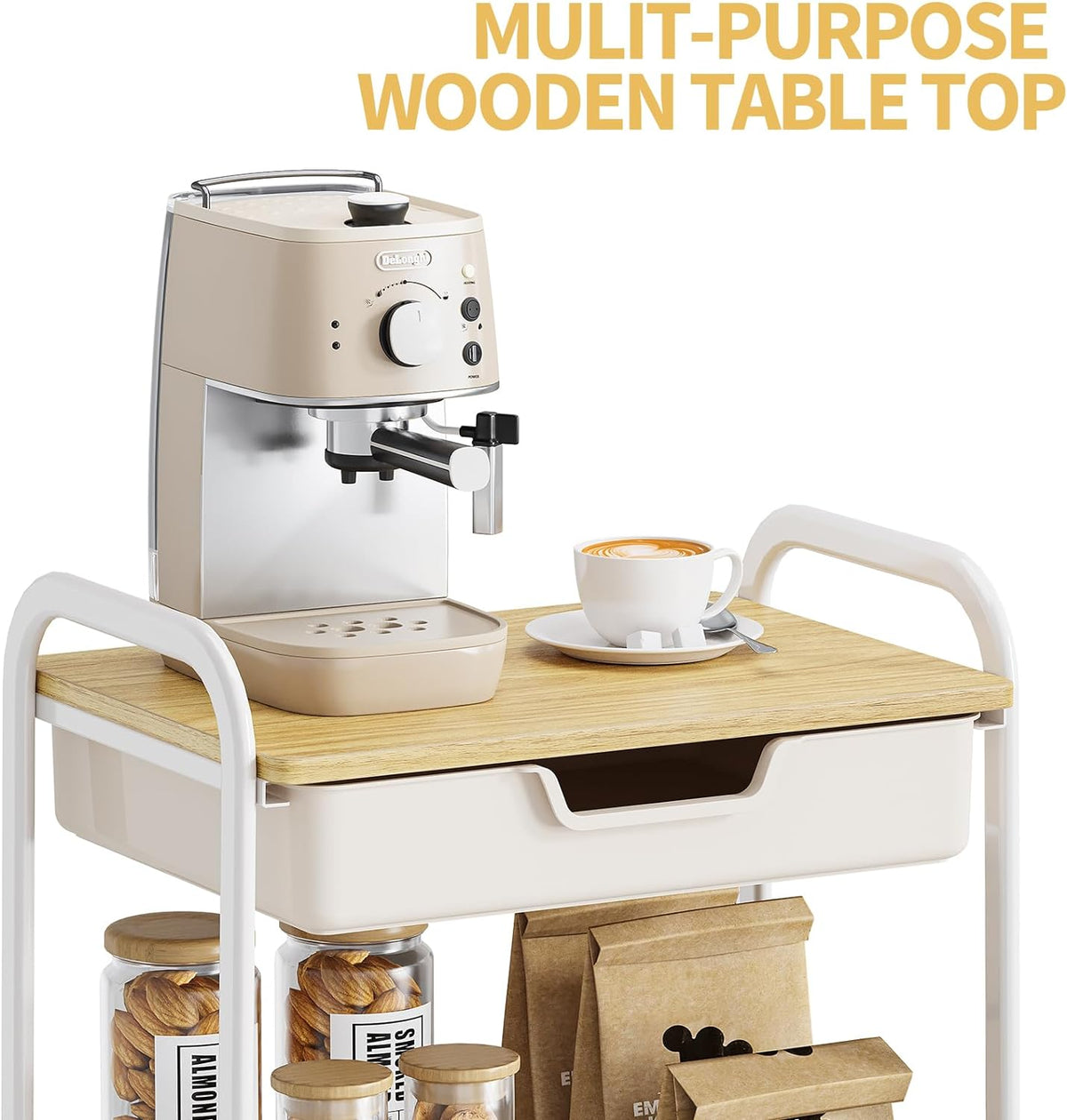 TOOLF 3-Tier Metal Utility Rolling Cart with Drawer and Wooden Table Top, Storage Cart White