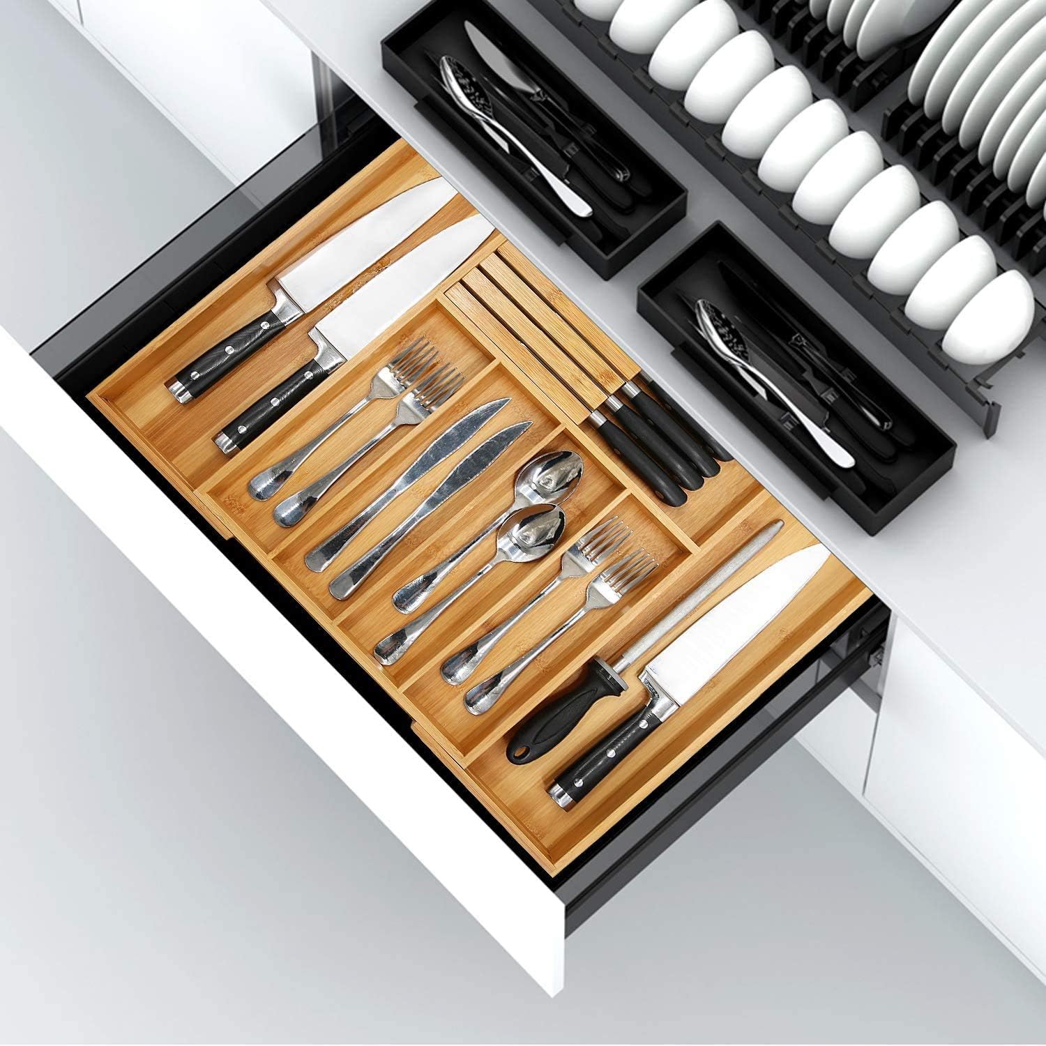 VaeFae Bamboo Silverware Drawer Organizer Kitchen, Expandable Utensil Organizer with Knife Block