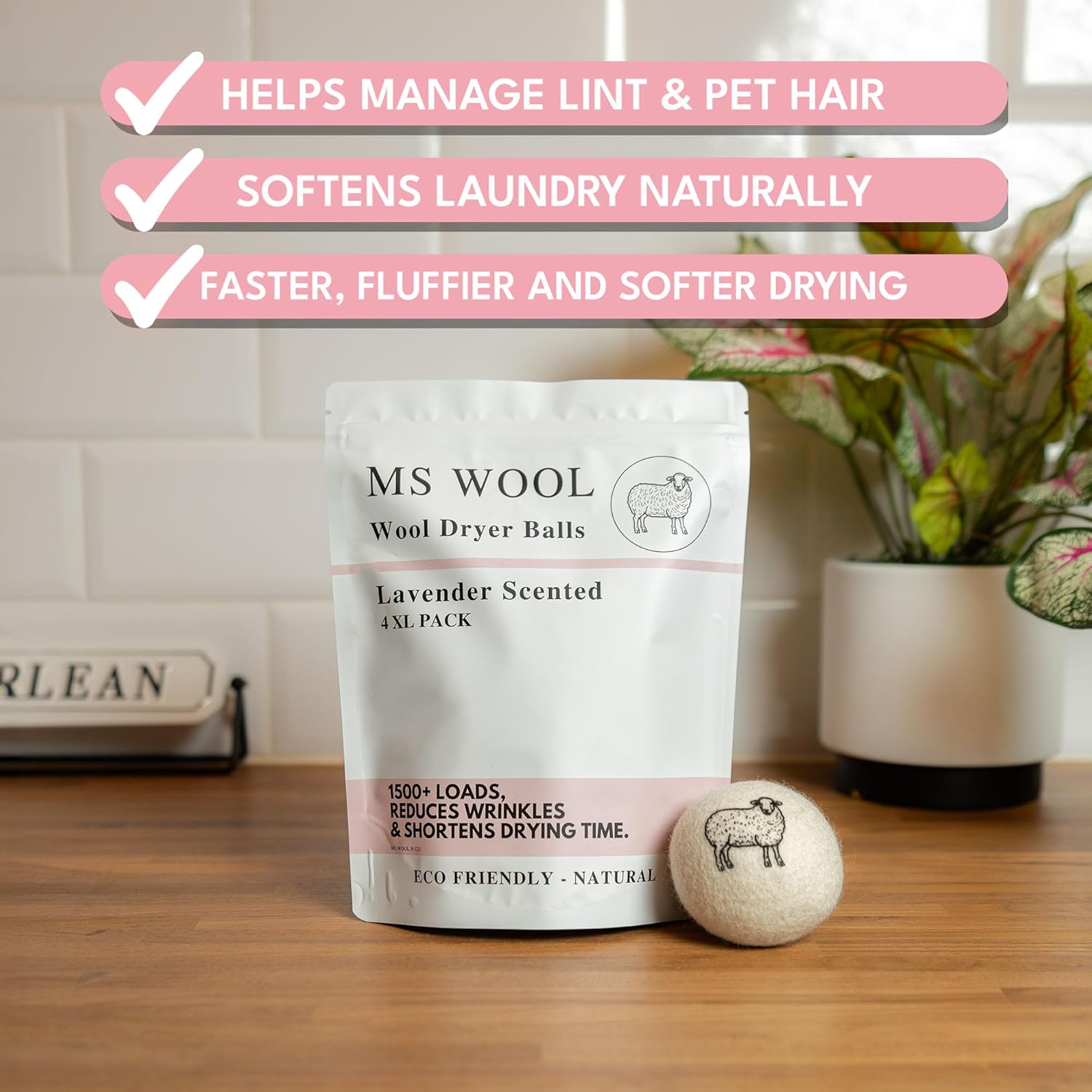 Lavender Scented Wool Dryer Balls – 4 XL Pack – Natural Fabric Softener, Reusable, Reduces Static