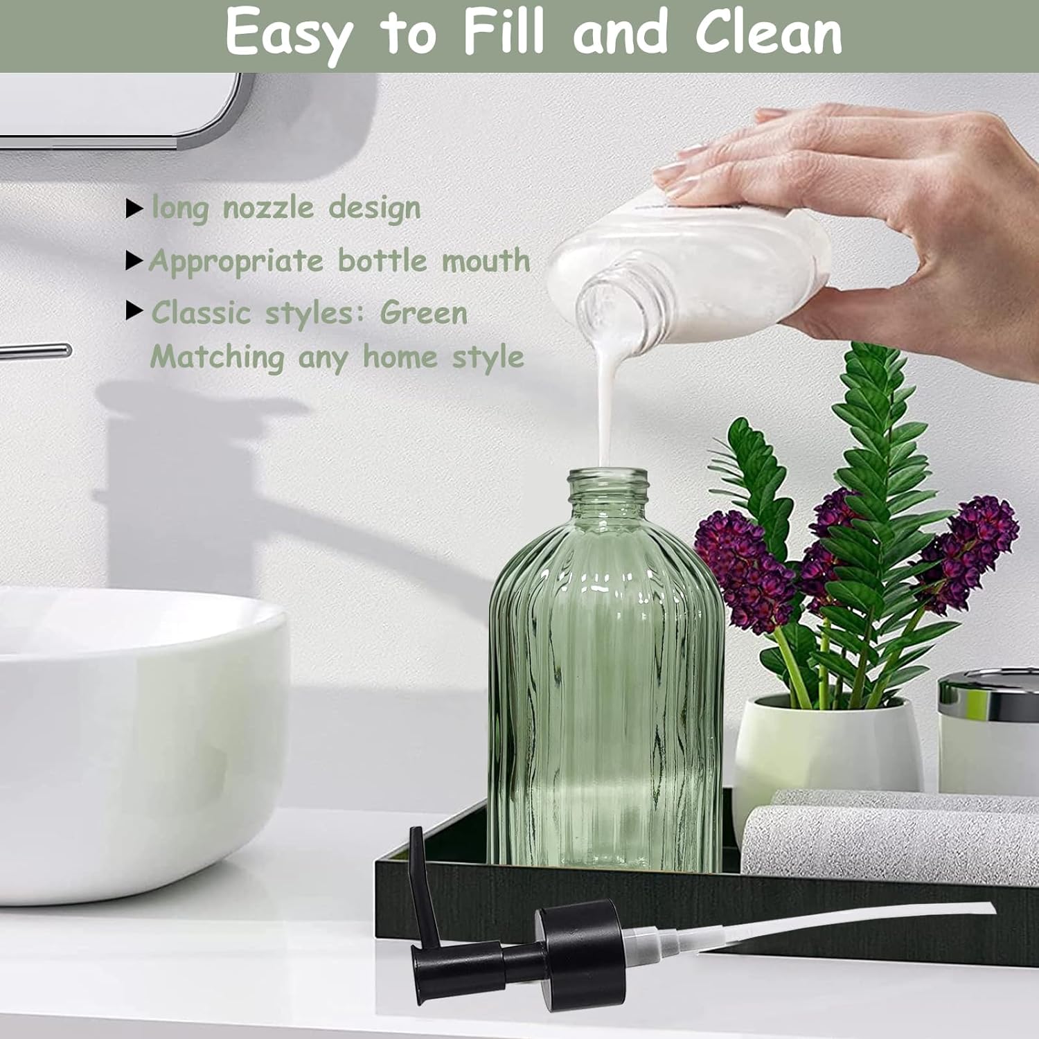 Green Glass Soap Dispenser with Black Plastic Pump, 13.5oz Refillable Liquid Hand Soap Dispenser