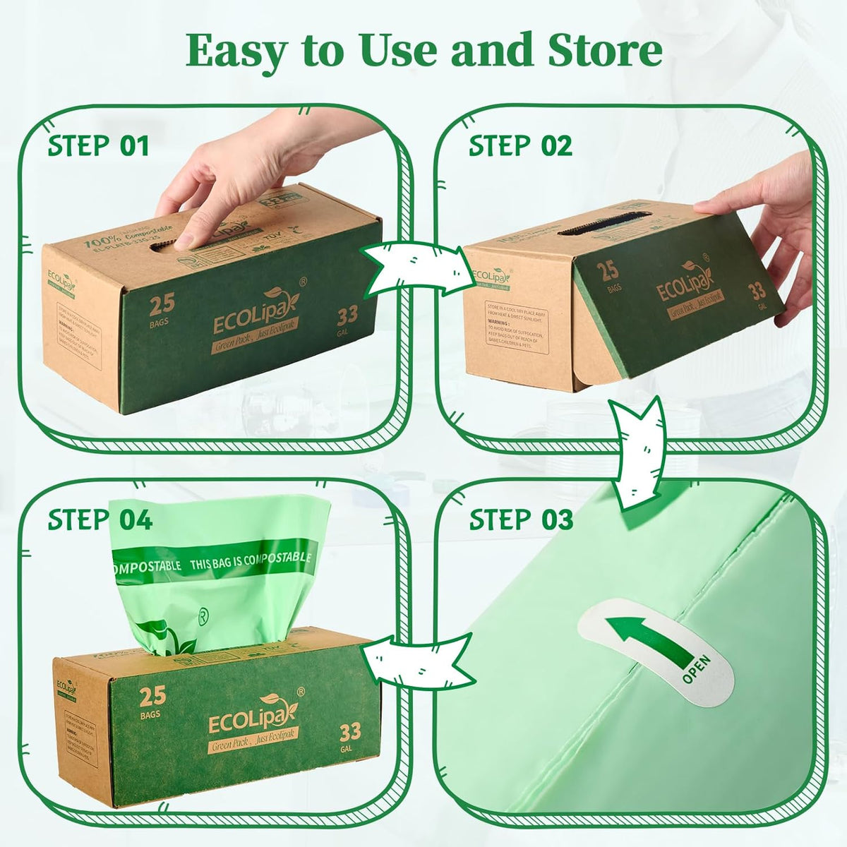 ECOLipak 33 Gallon Compostable Trash Garbage Bags, 25 Count (1 Roll) Biodegradable Heavy Duty Large