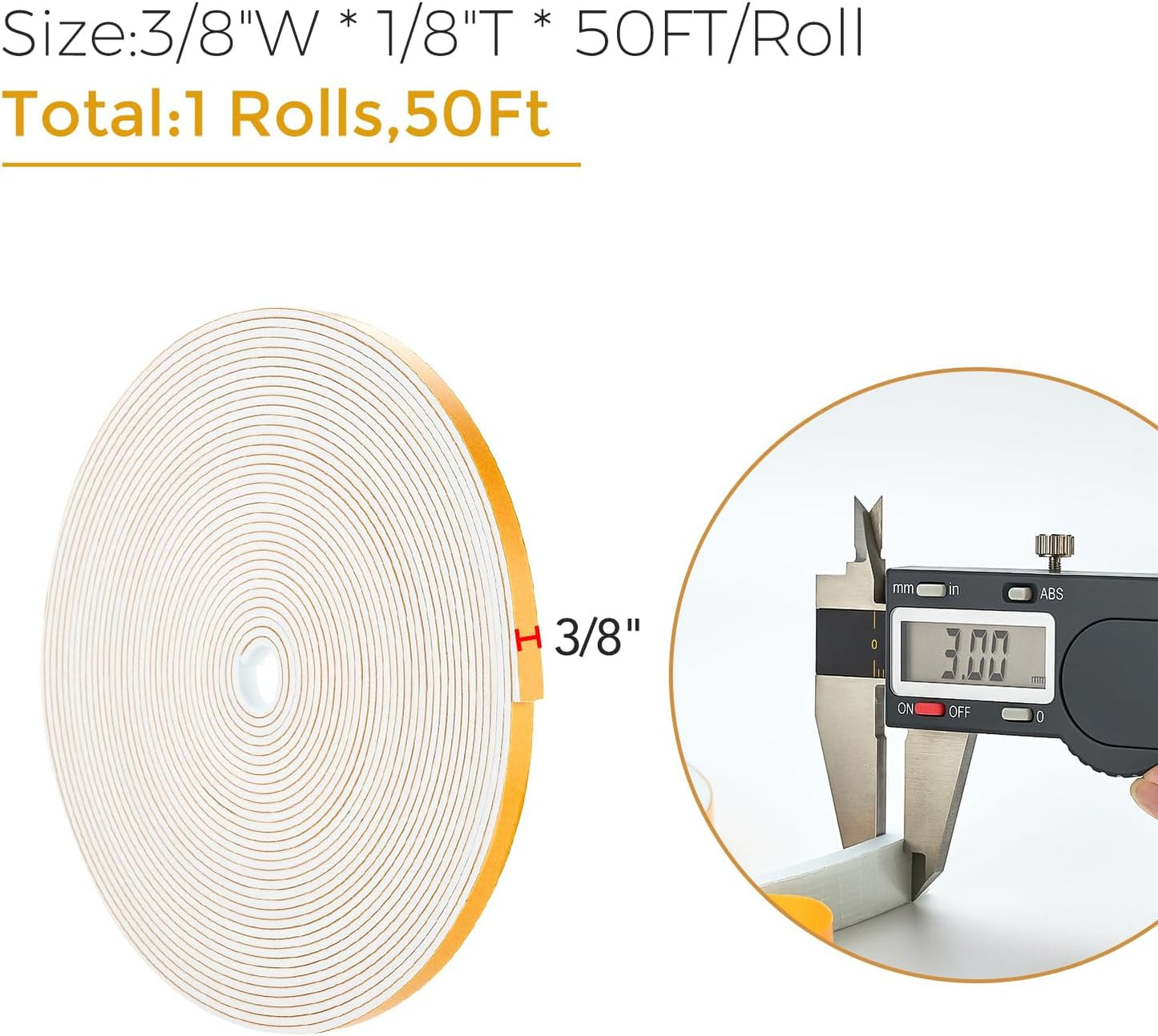 50 Feet Weather Stripping Door Seal, 3/8" Wide X 1/8" Thick Door Seal Strip High Density Foam Tape