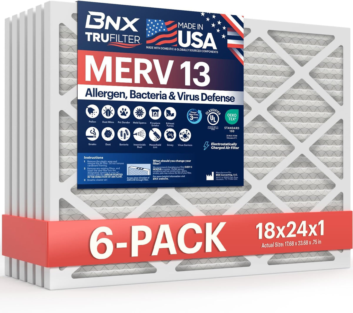 BNX TruFilter 18x24x1 Air Filter MERV 13 (6-Pack) - MADE IN USA - Electrostatic Pleated Air