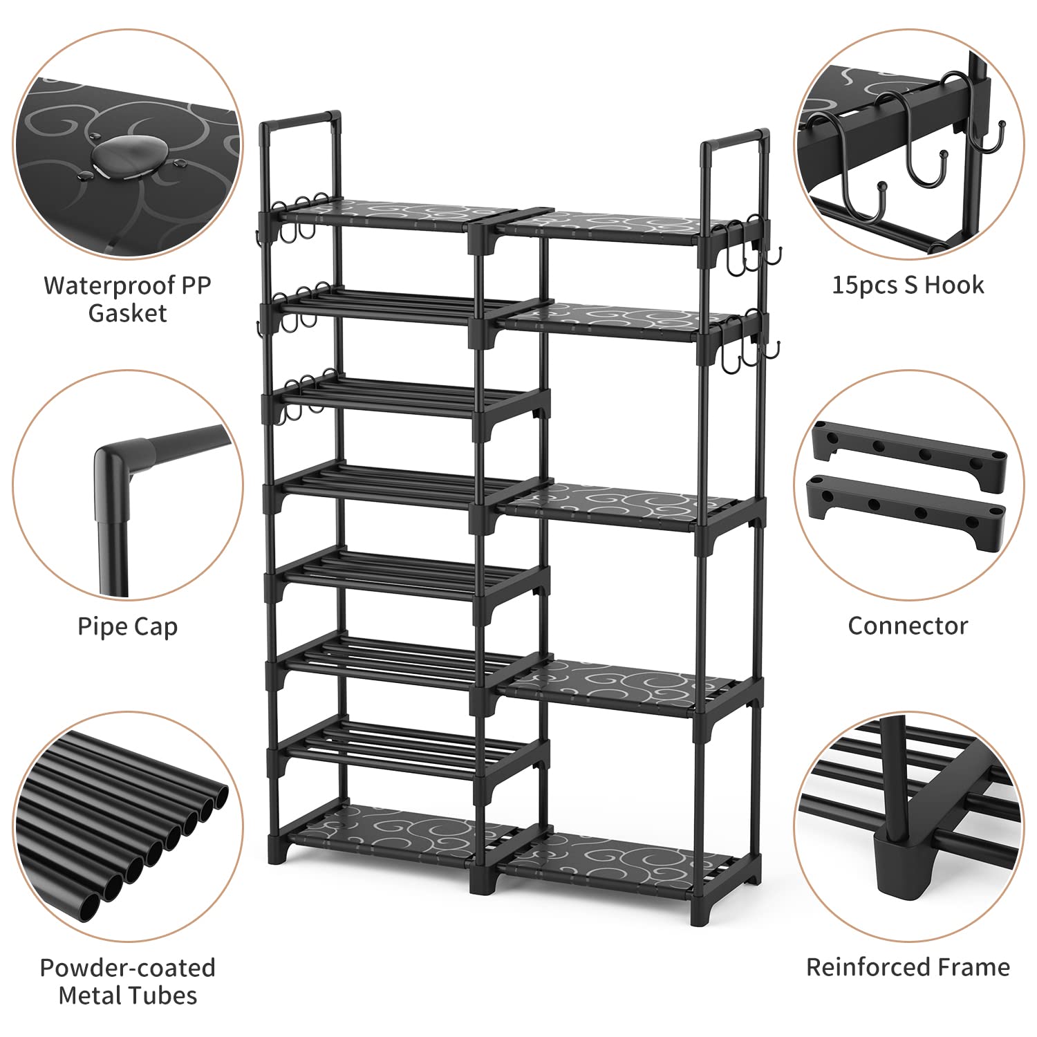 ROJASOP Shoe Rack Organizer, 8-Tier Metal Shoe Rack for Closet Entryway Garage, 26-32 Pairs Tall